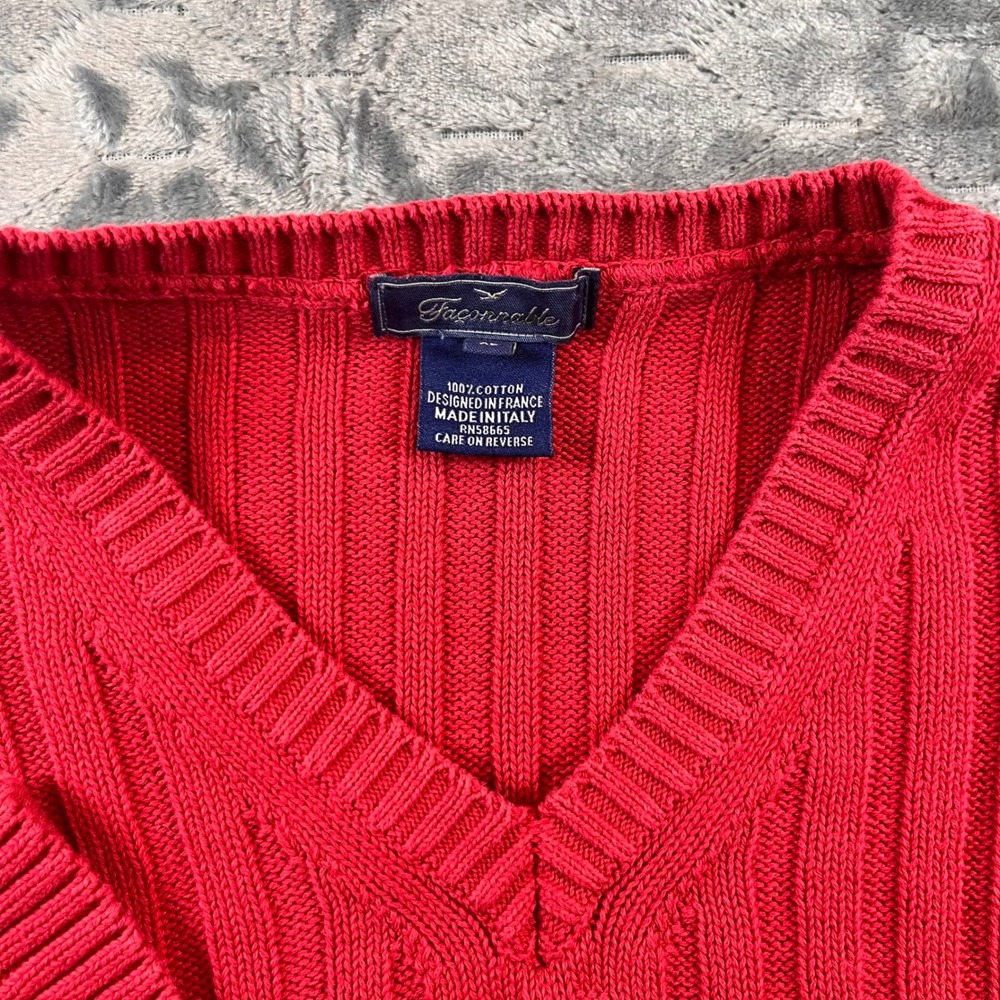 Facconable Red Ribbed V Neck Cotton Sweater Mens XL Made in Italy - Picture 2 of 7